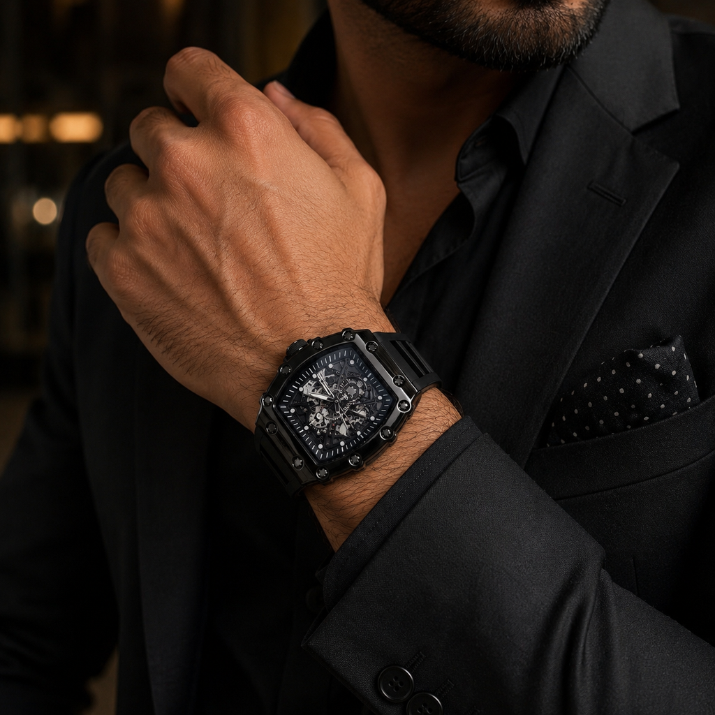 Bold Black Skeleton Watch for Men